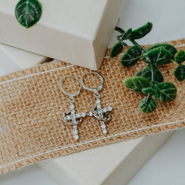 Heavenly Crown Cross Earrings – Silver