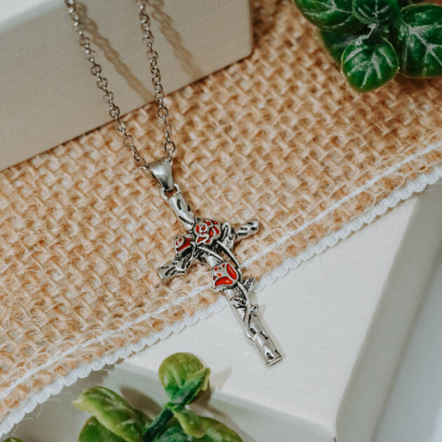 Rose Embrace Cross Necklace – Silver & Red
