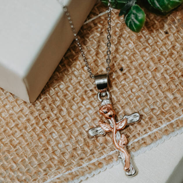 Rose Vine Cross Necklace – Rose Gold & Silver